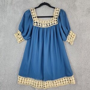 Kieu's Blue Tunic Blouse Sz S Gold Crochet Lace Metallic Festival Colorful Boho
